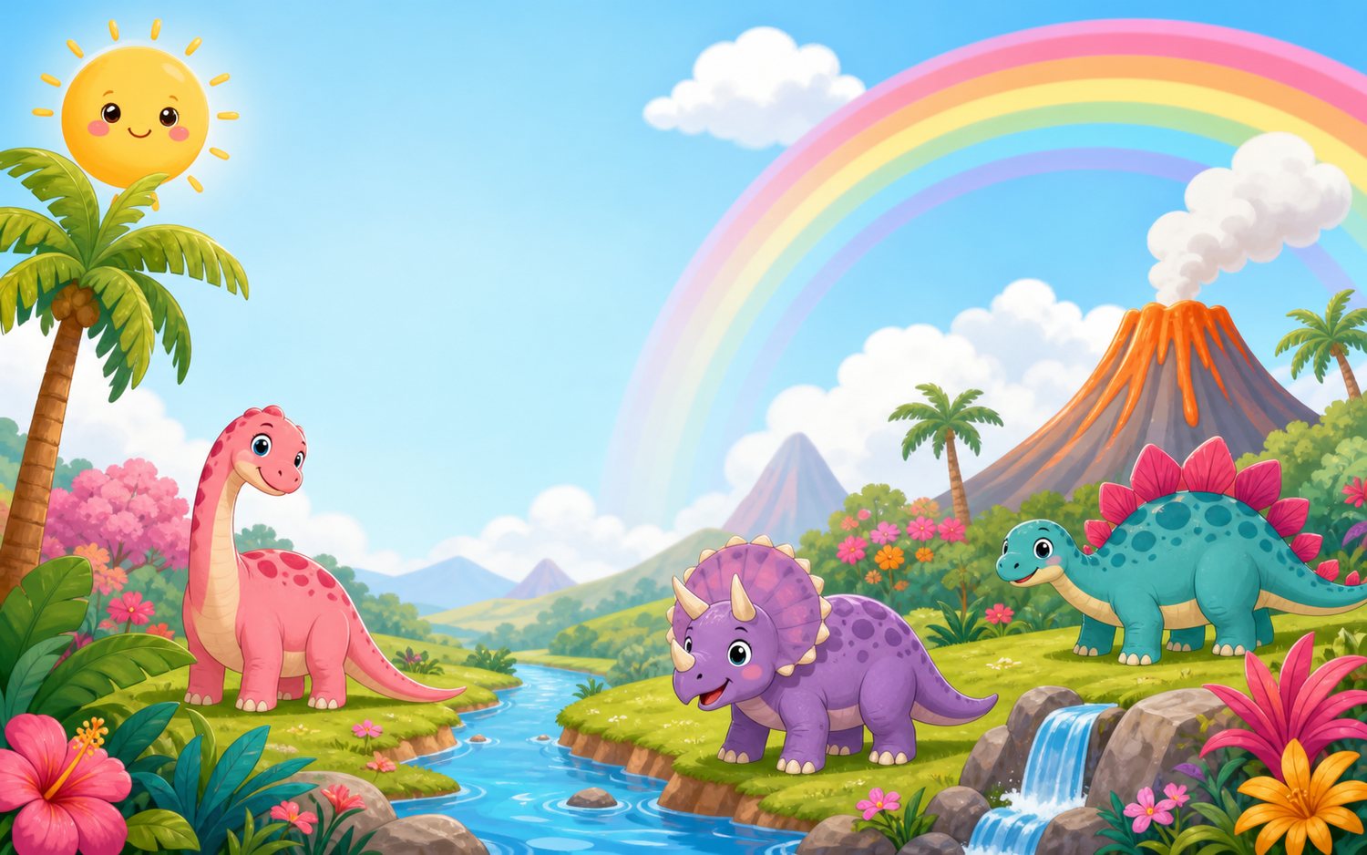 Friendly dinosaurs under a rainbow